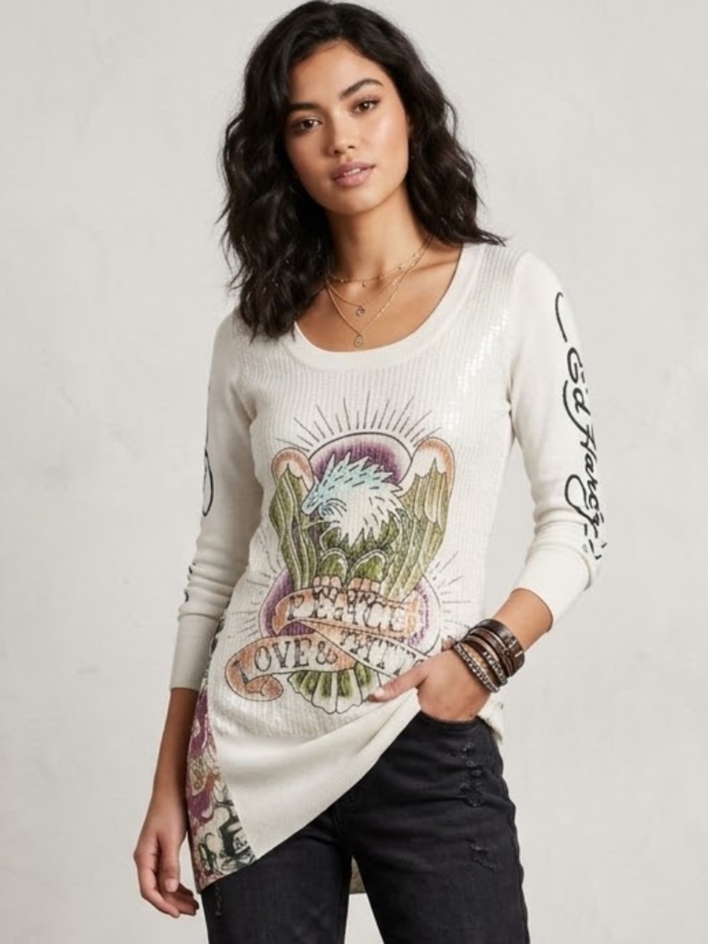 Ed Hardy Y2K Cream Sequin Embellished Graphic Tunic Top/Mini Dress